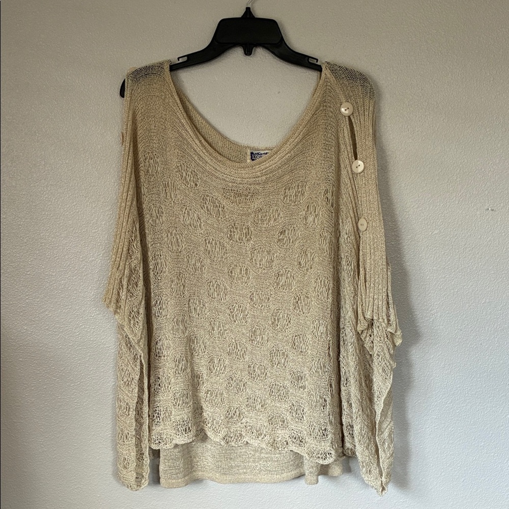 Women's Beige Off-the-Shoulder Button-Sleeve Knit Sweater